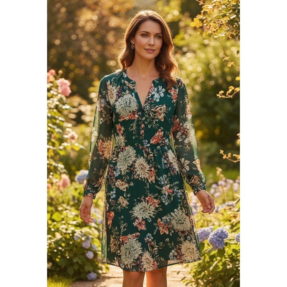 A New Day Dress Green Floral V Neck Chiffon LS Cottage Whimsigoth Boho Fairy S